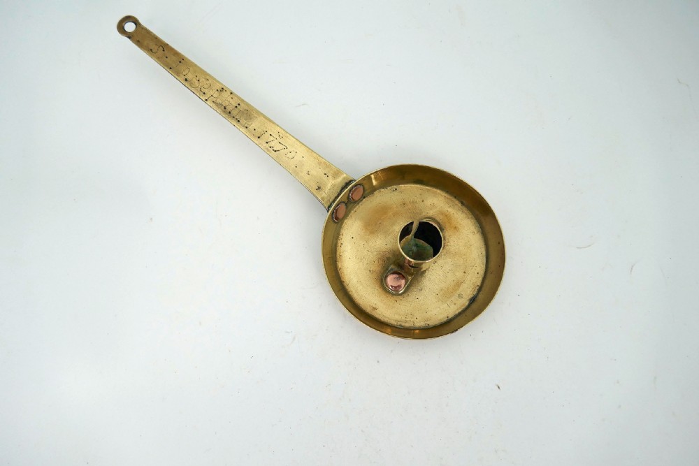 Antique Early Metalware 18thc Brass Chamberstick Dated 1770.   French. View IV