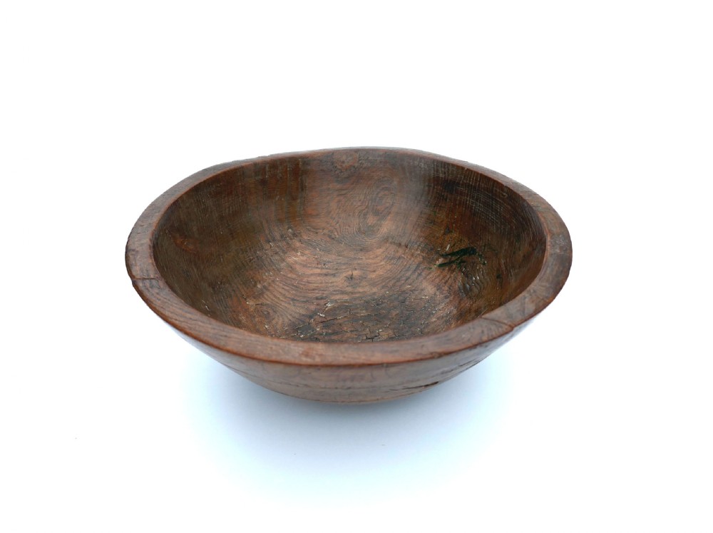 Antique Treen 19thc Elm Dairy Bowl With Original Floral Penwork Decoration.  English. C1820-40.