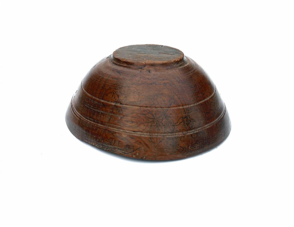 Antique Treen 19thc Elm Dairy Bowl With Original Floral Penwork Decoration.  English. C1820-40. View II