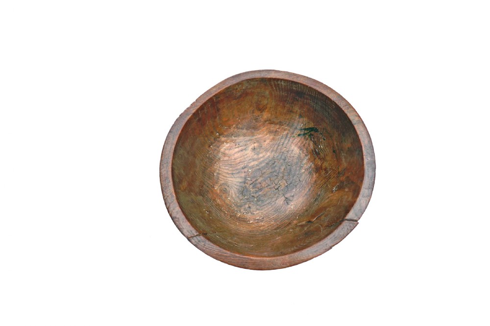 Antique Treen 19thc Elm Dairy Bowl With Original Floral Penwork Decoration.  English. C1820-40. View III