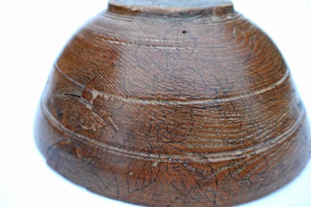 Antique Treen 19thc Elm Dairy Bowl With Original Floral Penwork Decoration.  English. C1820-40. View IV