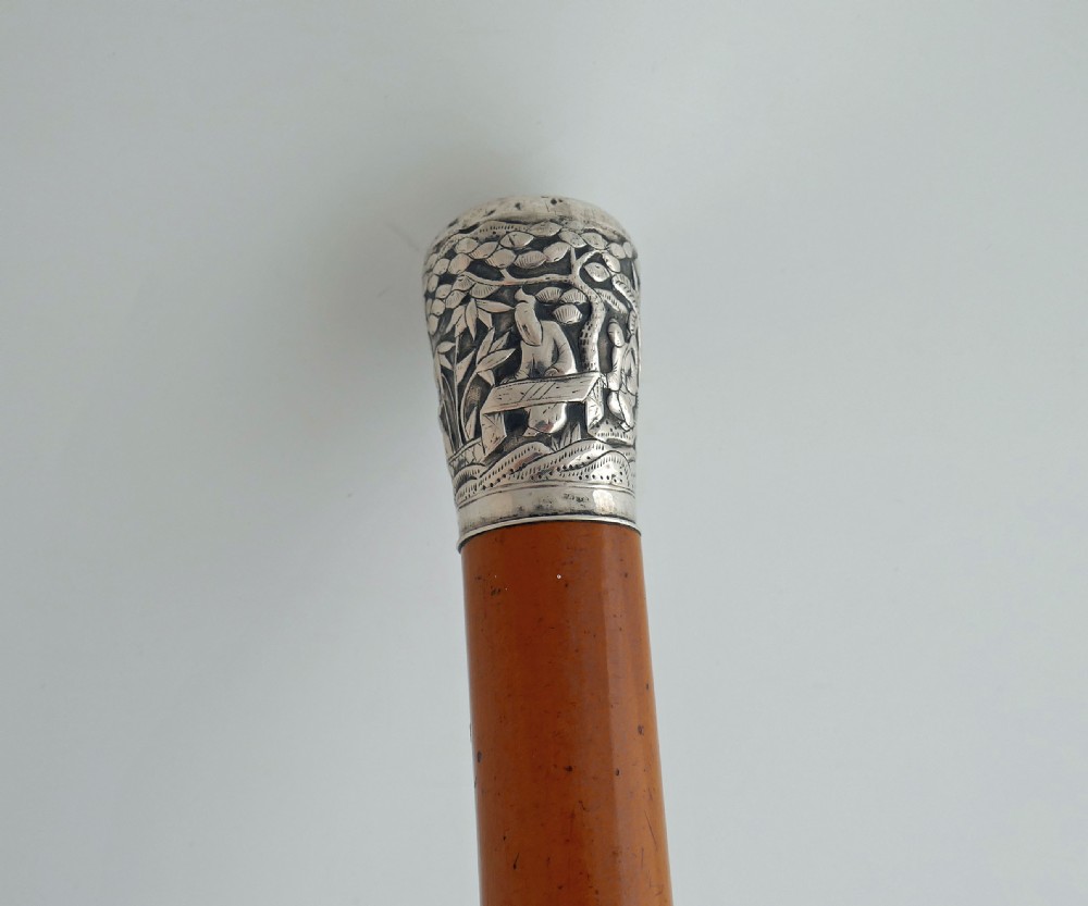 Antique 19thc Walking Stick Cane With Engraved Silver Topped Oriental Handle.   English C1870-90 View III