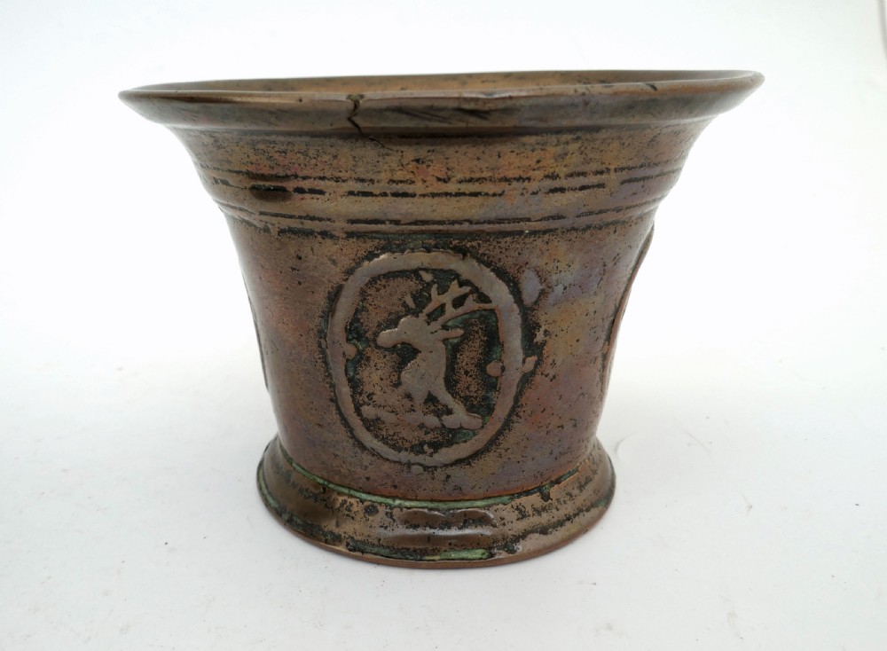  17thc Bronze Mortar With Framed Stags Head Decoration.   English. C1640-60. View V