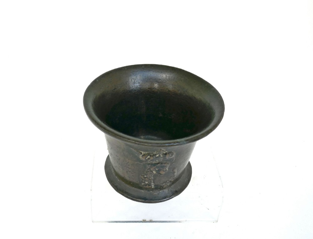 Antique Early Metalware Single 17thc Bronze Mortar With Charles 11 Motif . English C1660-80 View III