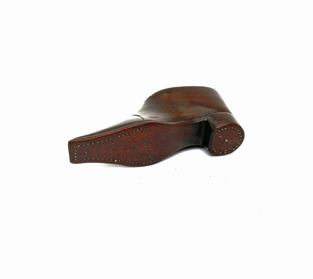 Antique Treen 19thc Mahogany Snuff Shoe With Brass Pinwork Decoration.  English C1840-60. View V