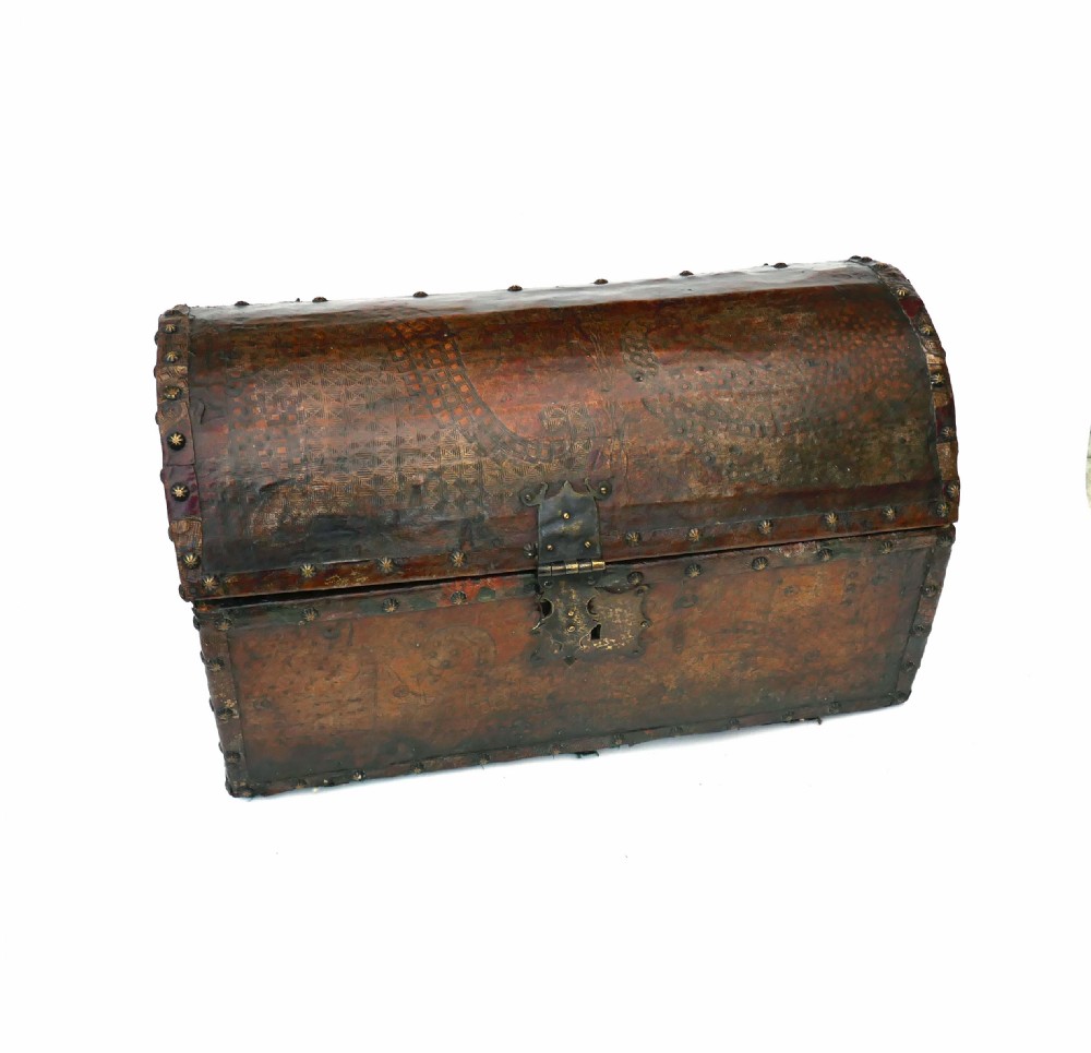 Antique 17thc Leather Covered Coffret With Embossed Decoration.  Italian C1660-80.