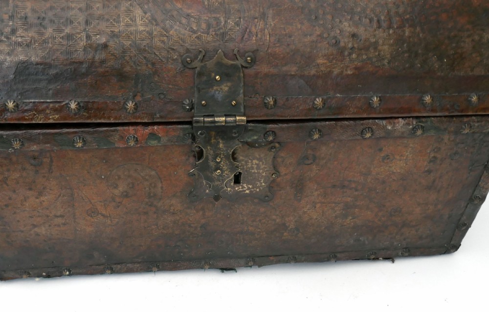 Antique 17thc Leather Covered Coffret With Embossed Decoration.  Italian C1660-80. View II