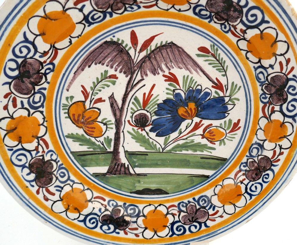 Antique Pottery 18thc Single Delft Charger With Floral Patterns.  Dutch C1760-70. View II