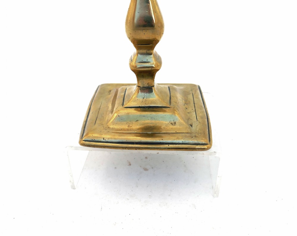 Antique Early Metalware Single 18thc Brass Candlestick On Square Base.  English C1710-14. View II