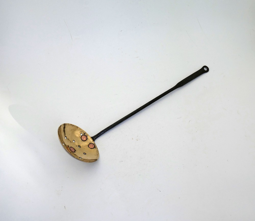 Antique Early Metalware Single 18thc Brass And Iron Straining Ladle.  English C1760-70.