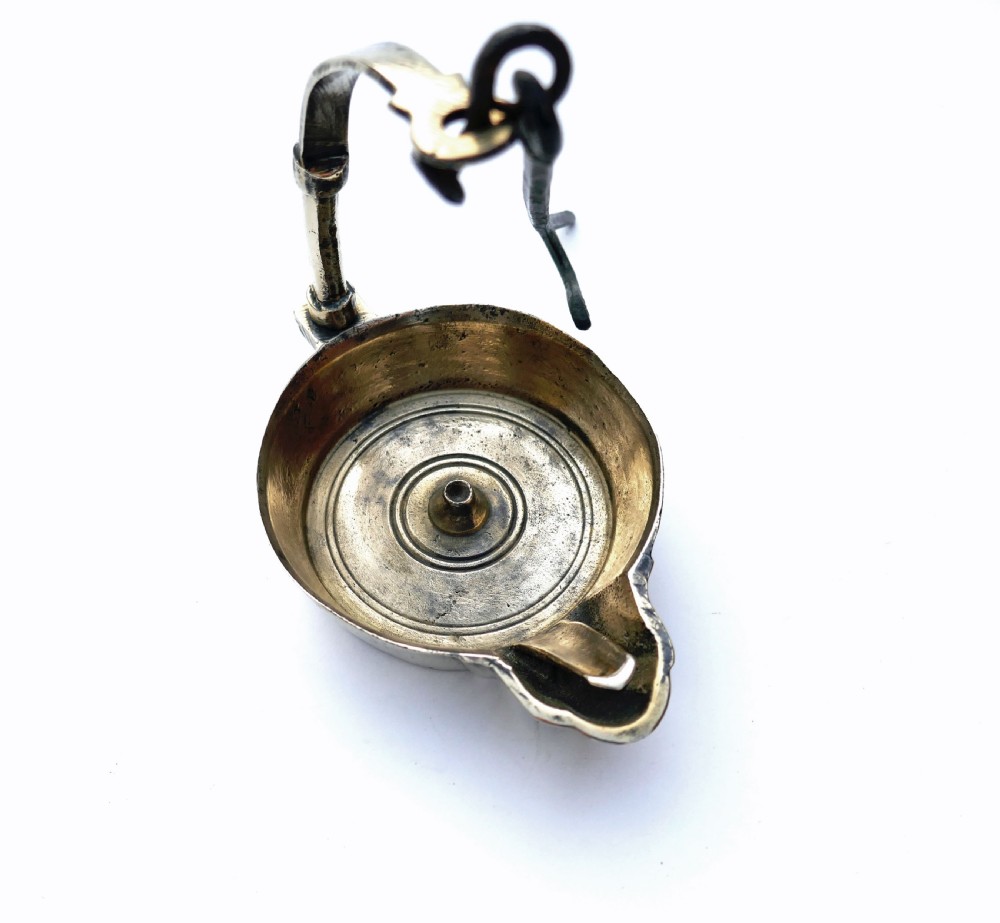 Antique Early Lighting 18thc Cast Bronze Single Valve Oil Crusie Lamp.   English / Continental. C1760-80. View III