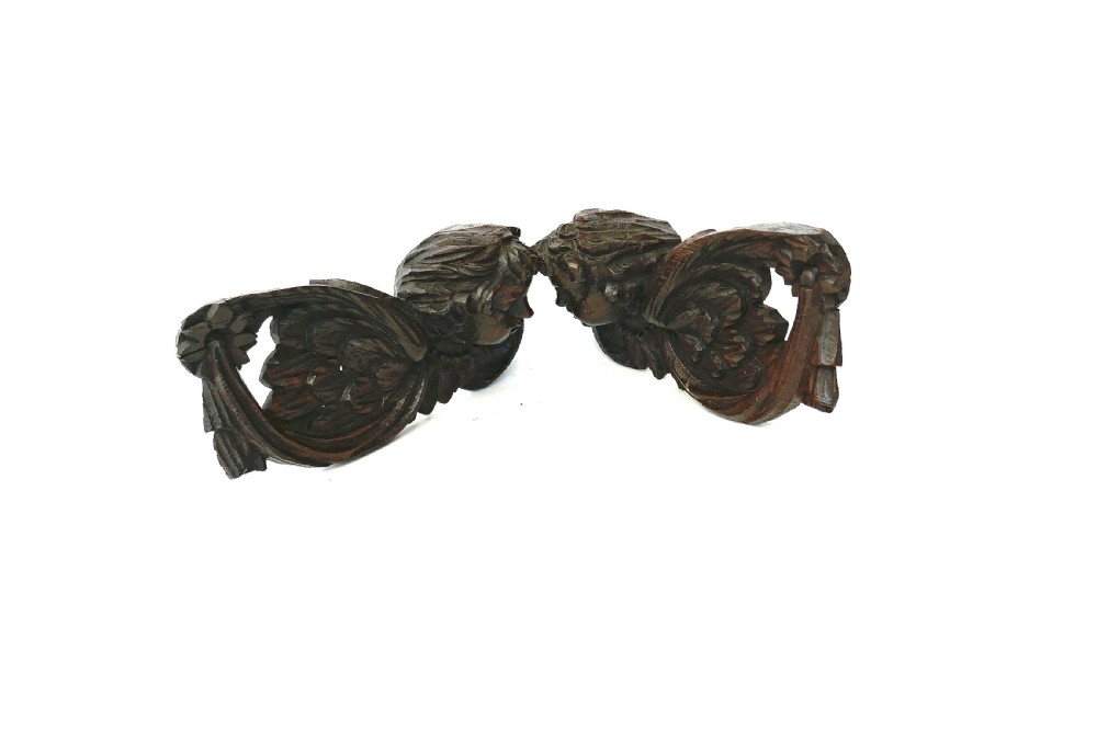 Antique Early Carvings Pair Of 17thc Oak Winged Cherubs.    Flemish C1660