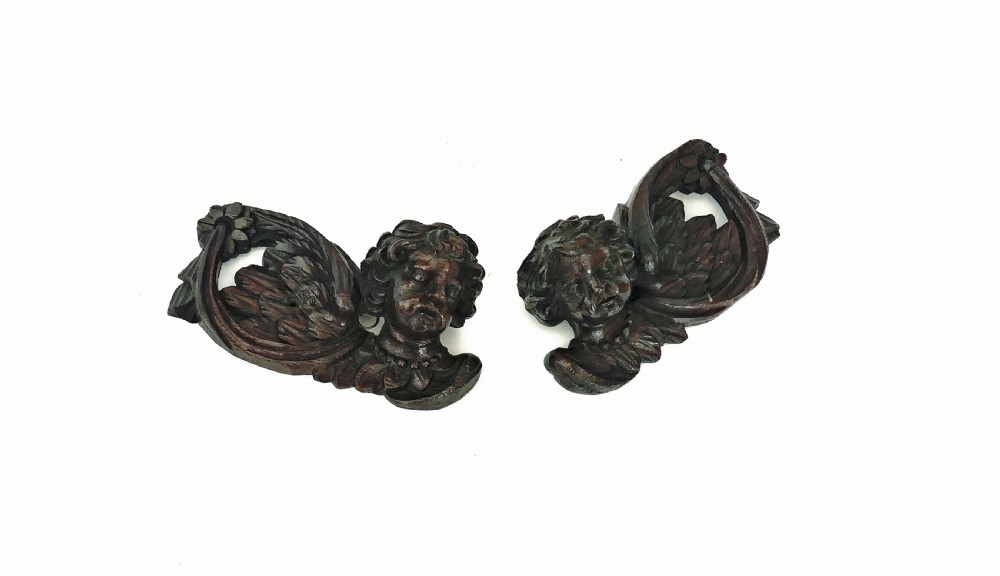 Antique Early Carvings Pair Of 17thc Oak Winged Cherubs.    Flemish C1660 View III
