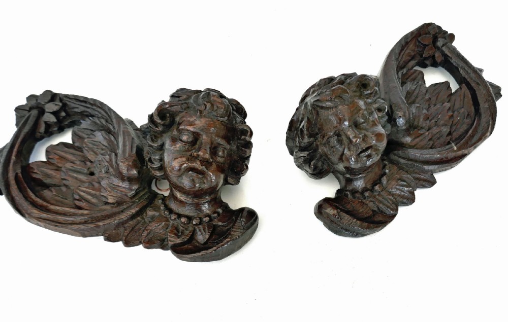 Antique Early Carvings Pair Of 17thc Oak Winged Cherubs.    Flemish C1660 View IV