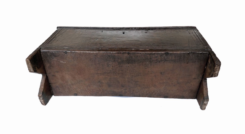 Antique Early Oak Furniture Elizabethan Joyned Plank Coffer.   English C1560-80. View VI