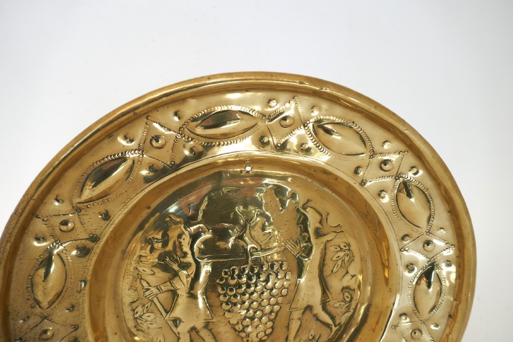 Antique Early Metalware 17thc Brass Small Repousse' Worked Alms Dish.  Nuremberg C1620-40. View III