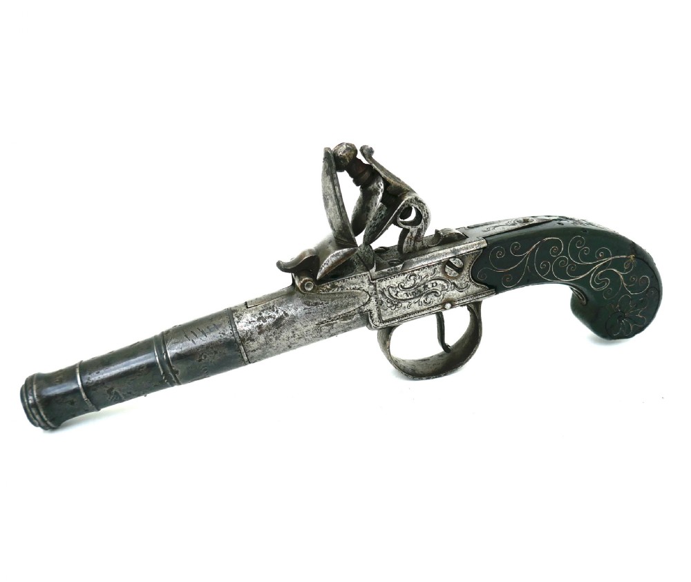 Antique 18thc Flintlock Pistol With Cannon Barrel & Silver Wire Inlay.   English C1710-14.