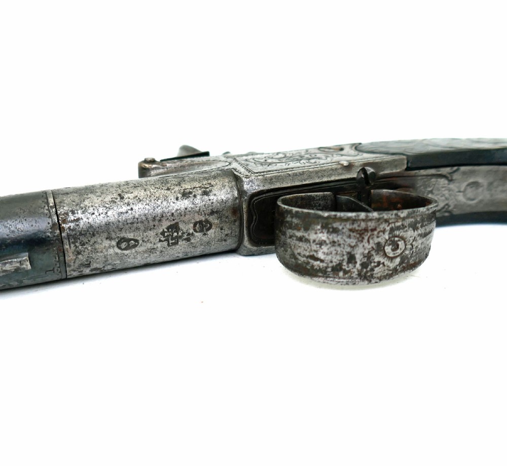 Antique 18thc Flintlock Pistol With Cannon Barrel & Silver Wire Inlay.   English C1710-14. View VI