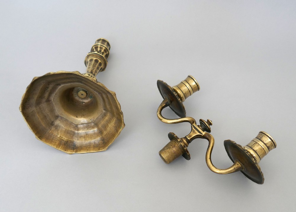Antique Early Metalware 18thc Single Brass Candlelabra.   French C1740-60 View V