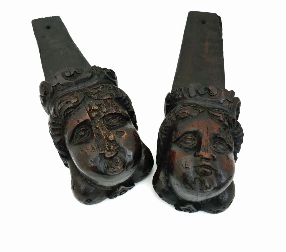 Antique Early Carvings Pair Of 17thc Fruitwood Carved Cherub Corbels.  Flemish C1660-80. View V