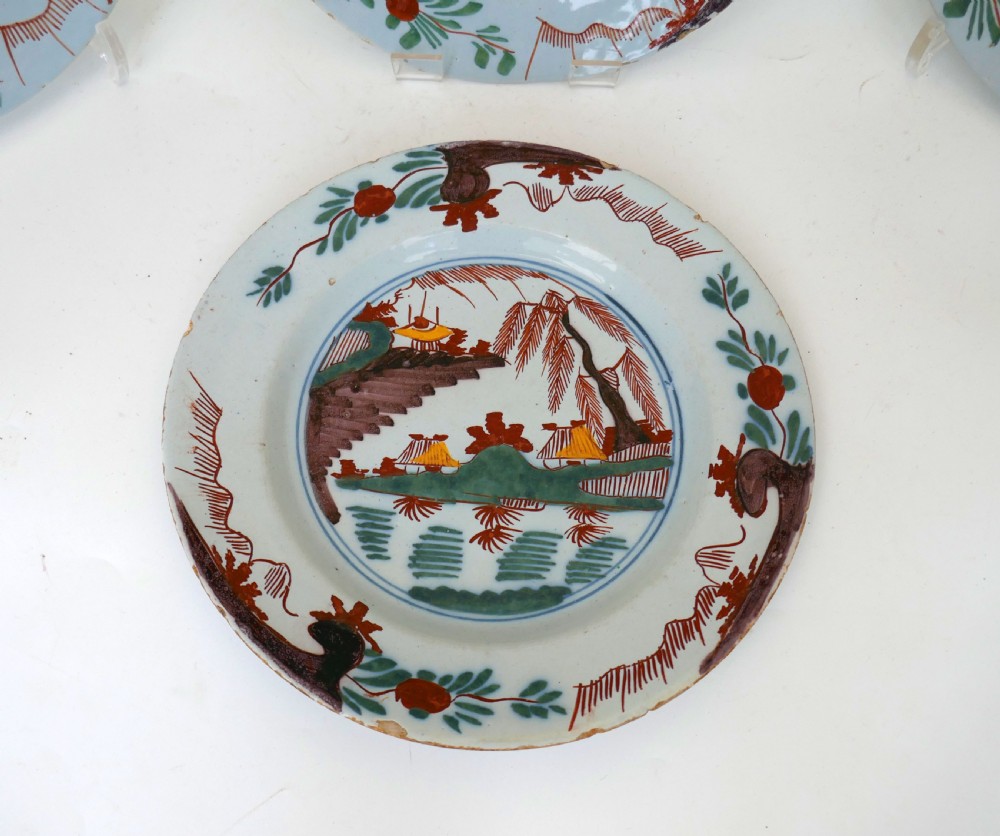 Antique Early Pottery Four 18thc Polychrome Dutch Delft Plates.   C1760-80. View II