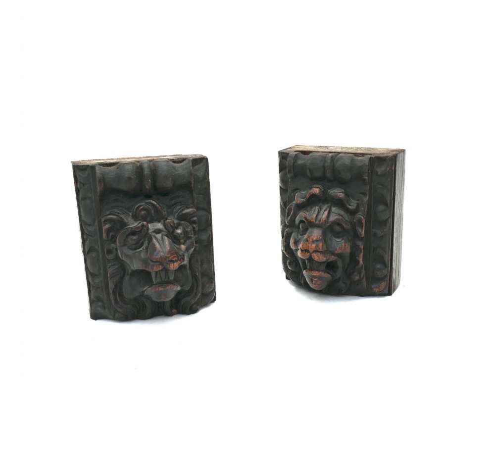 Antique Pair Of Early 17thc  Carved Lion Head Appliques.  Dutch C1640-60.
