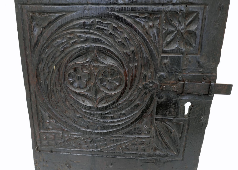 Antique Early Oak 16thc Carved Cupboard Door With Iron Bolt.    French C1540-70. View II