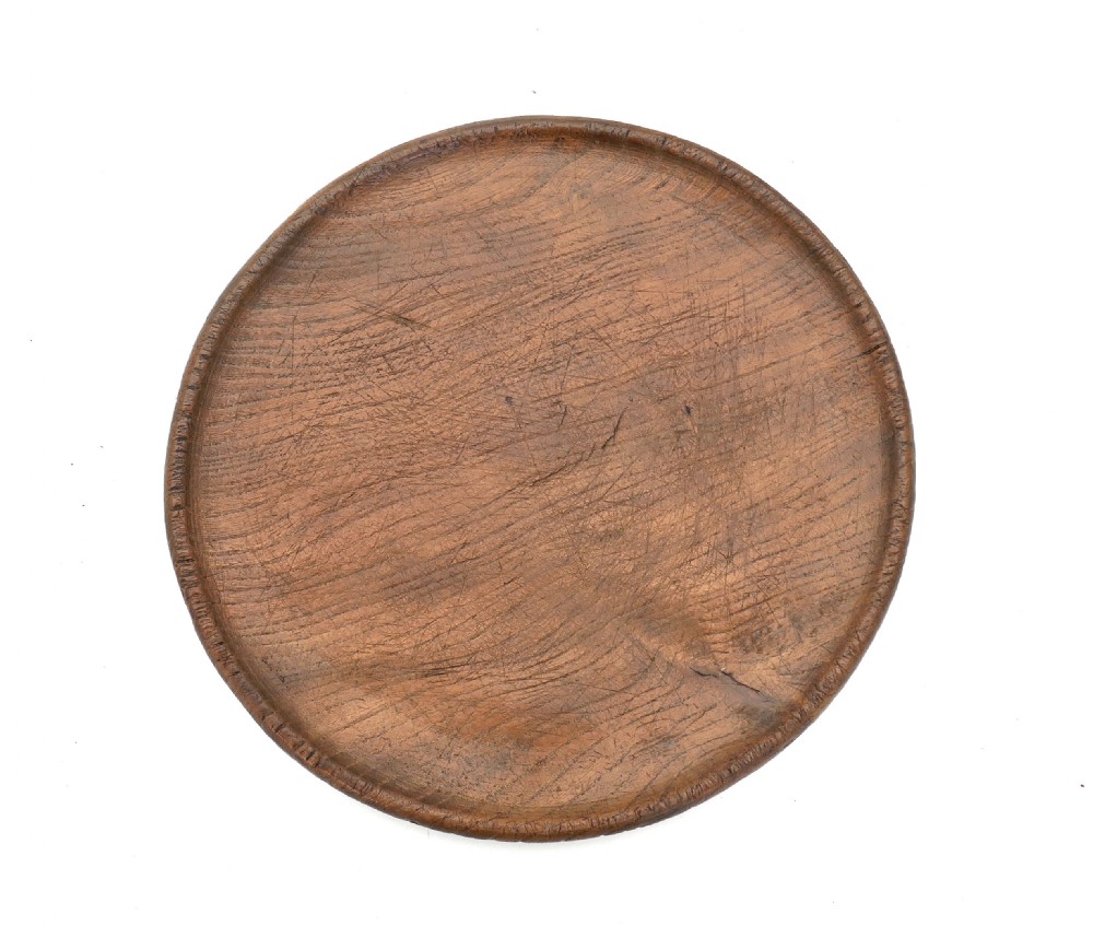 Antique Early Treen 18thc Elm Turned Food Platter With Raised Rim.  English C1770-80.