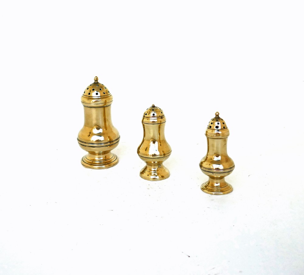 Antique Metalware 18thc Three Brass Country House Muffineers.  English C1770-90.