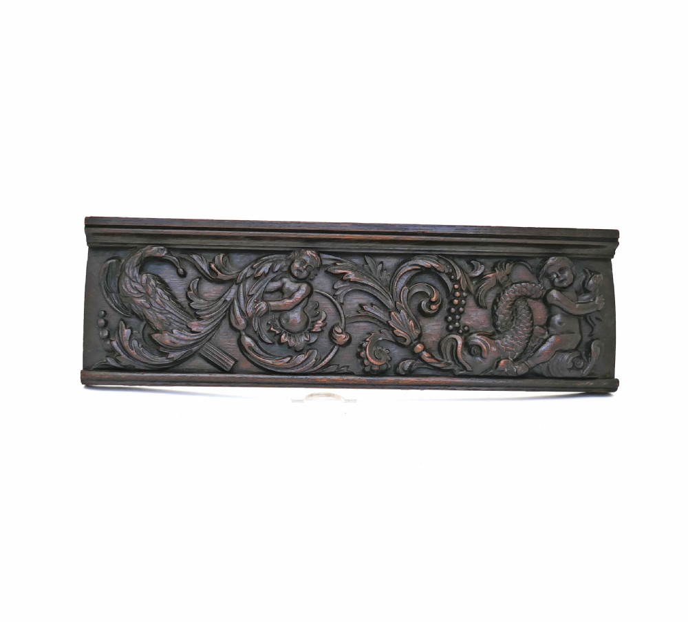 Antique Early Carvings 17thc Drawer Front Decorated with Hippocampi.  Flemish C1660-80.