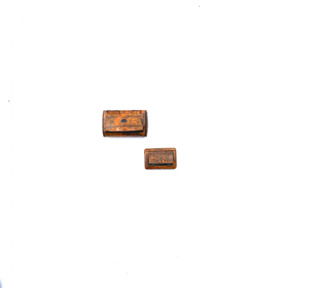Antique Treen Two 19thc Burr Birch & Tortoiseshell Small Snuff Boxes.  English C1800-20.
