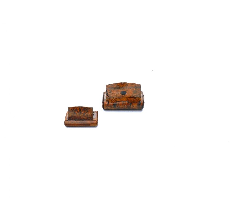 Antique Treen Two 19thc Burr Birch & Tortoiseshell Small Snuff Boxes.  English C1800-20. View III