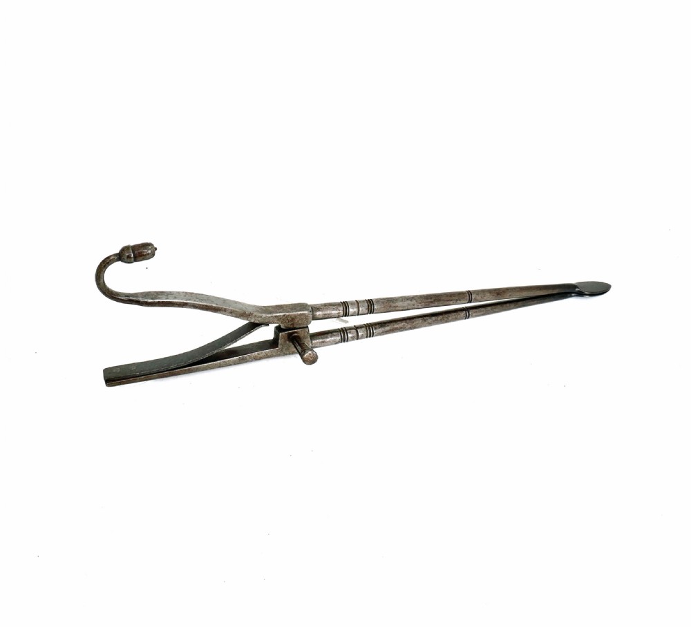 Antique Early Metalware 18thc Steel Ember Tongs With Acorn Knop And Pipe Tamper. C1770-80.