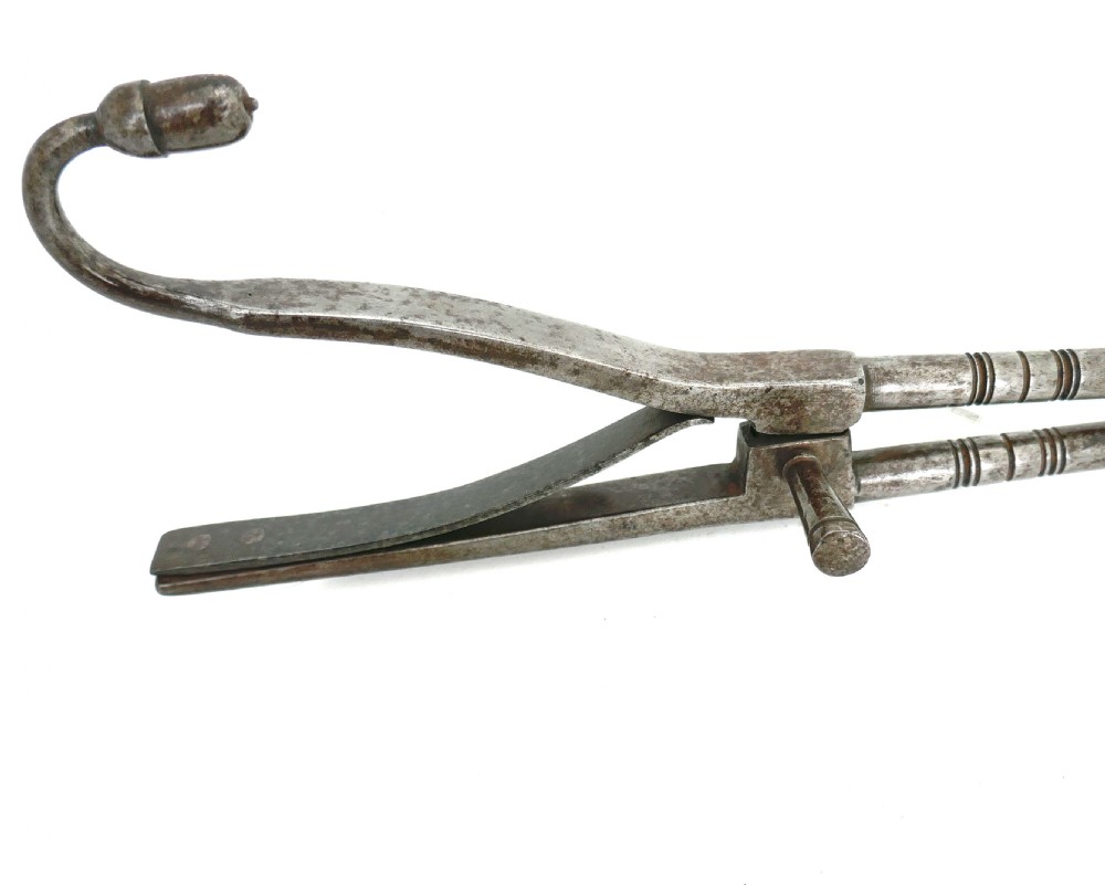 Antique Early Metalware 18thc Steel Ember Tongs With Acorn Knop And Pipe Tamper. C1770-80. View V