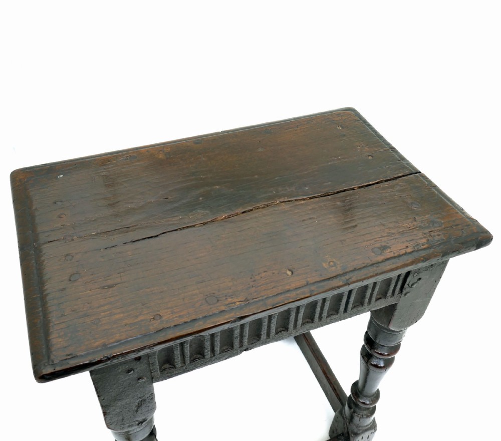 Antique Oak Furniture 17thc Fruitwood & Oak Joint Stool.   English C1620-30. View IV