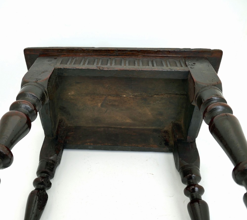 Antique Oak Furniture 17thc Fruitwood & Oak Joint Stool.   English C1620-30. View V