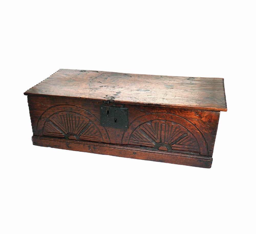 Antique Oak Furniture 17thc Carved Boarded Box.  English C1670-80