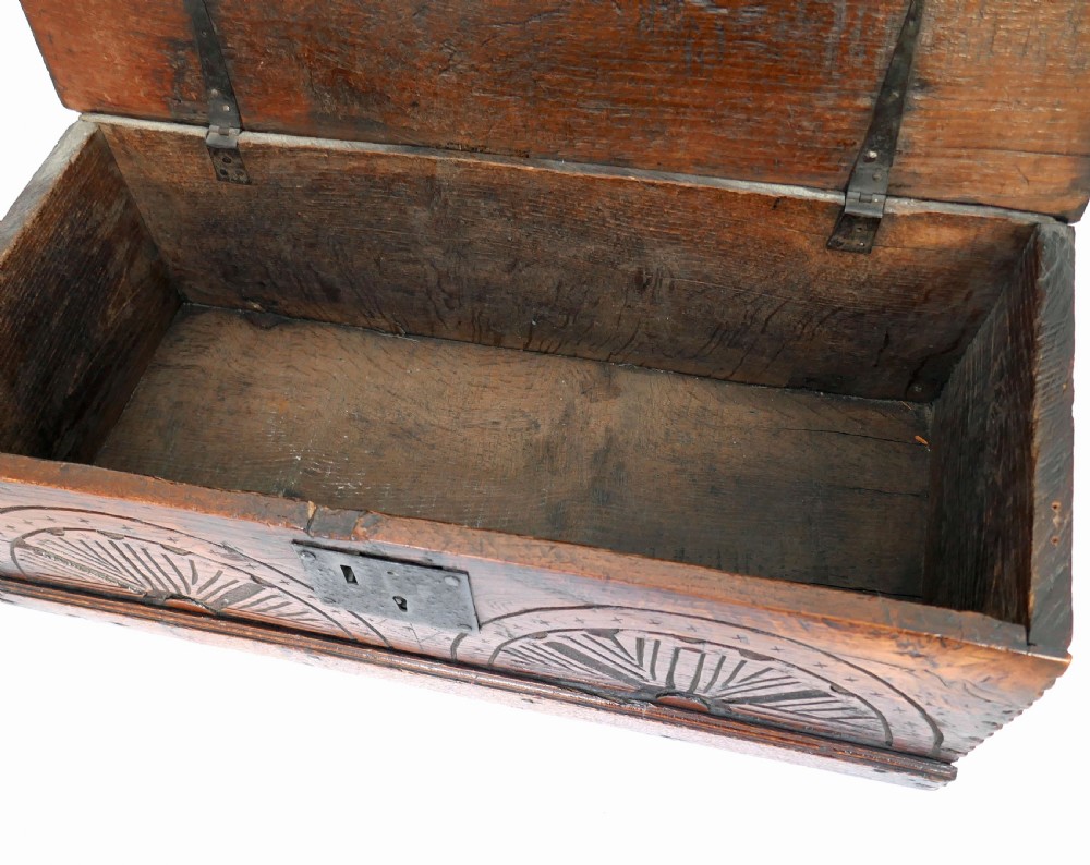 Antique Oak Furniture 17thc Carved Boarded Box.  English C1670-80 View III