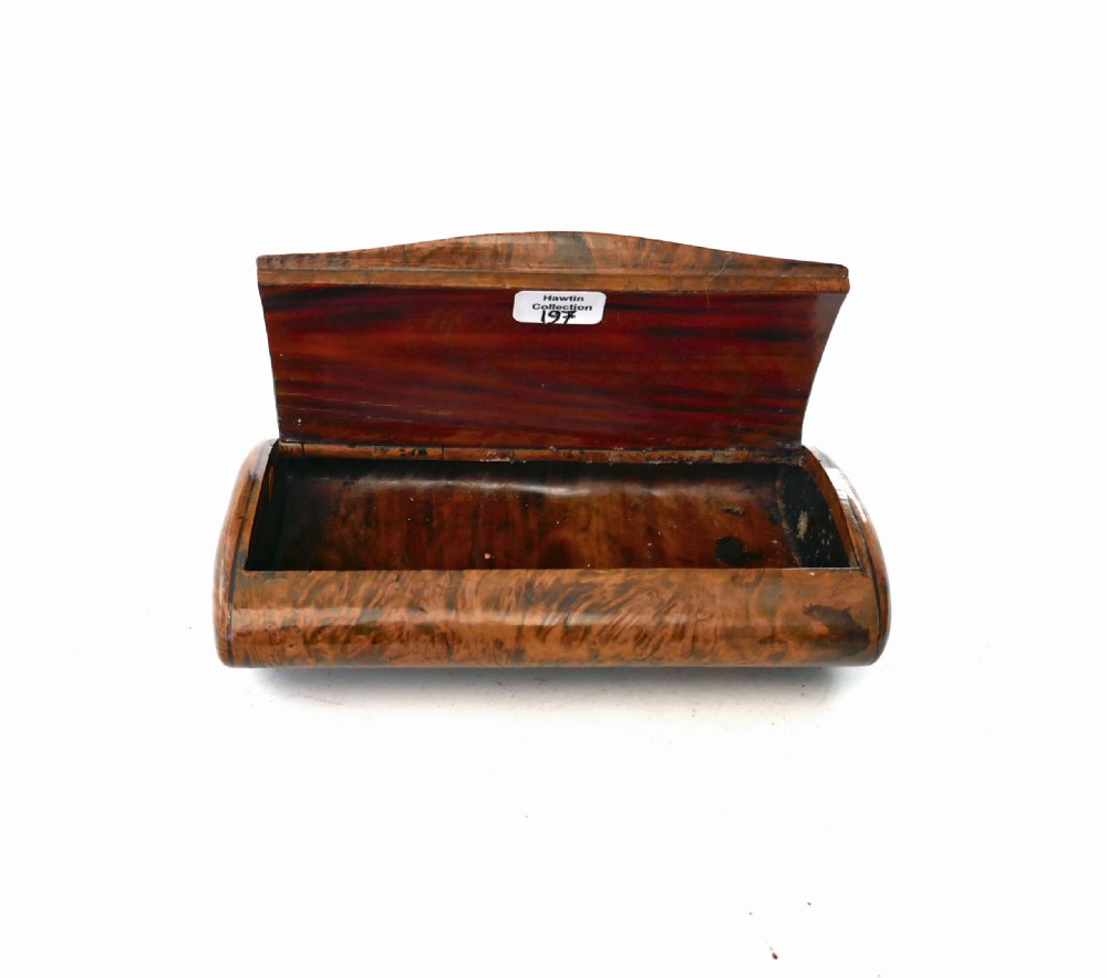 A nineteenth-century rectangular amboyna wood table snuff box featuring rounded edges and a fitted hinged lid with mottled figure. View II