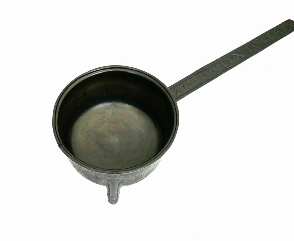 Antique Early Metalware 17thc Bronze Skillet Named On The Handle Clement Tosear.  England / Wiltshire View V