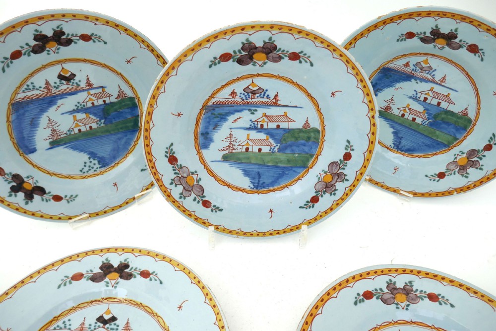 Antique Early Pottery Set Of Five 18thc Polychrome Delftware Plates.    Dutch C1770-90. View II
