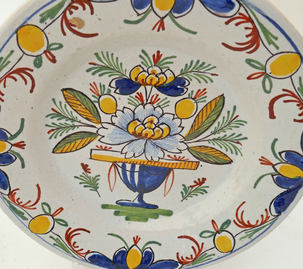 Antique Early Pottery 18thc Pair Of Polychrome Delft Plates.   Dutch C1760-80. View II