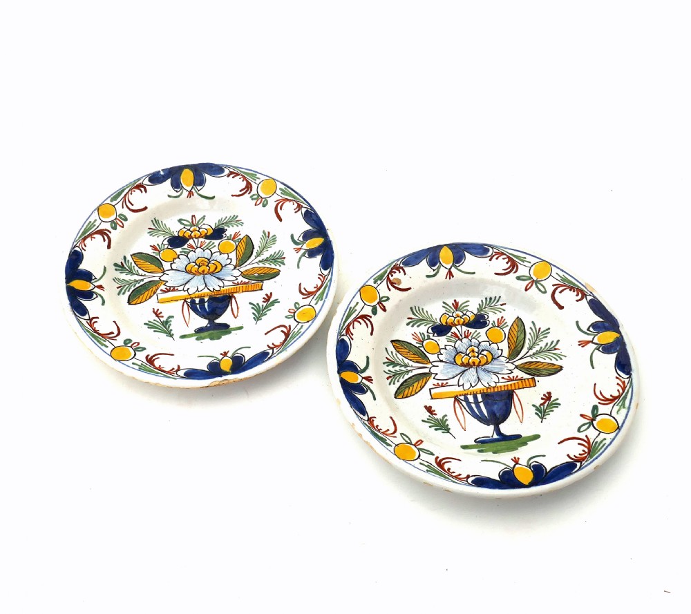 Antique Early Pottery 18thc Pair Of Polychrome Delft Plates.   Dutch C1760-80. View IV