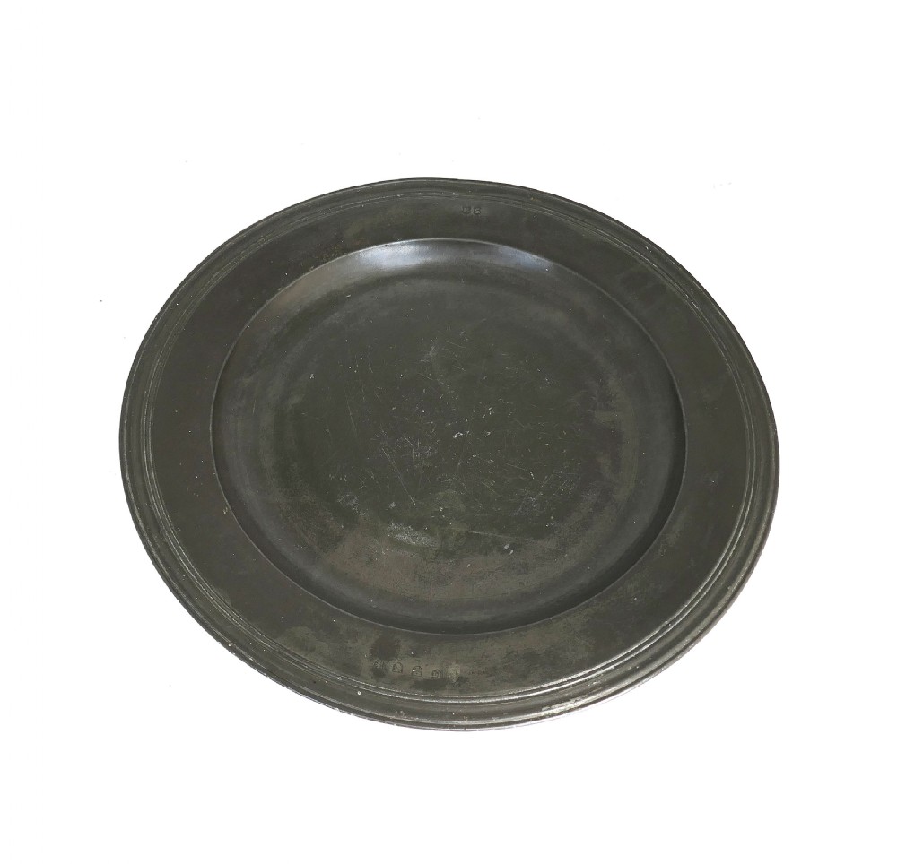 Antique 17thc Pewter Triple Reeded Single Charger With Owners Initials MS & Touchmarks.  English View V