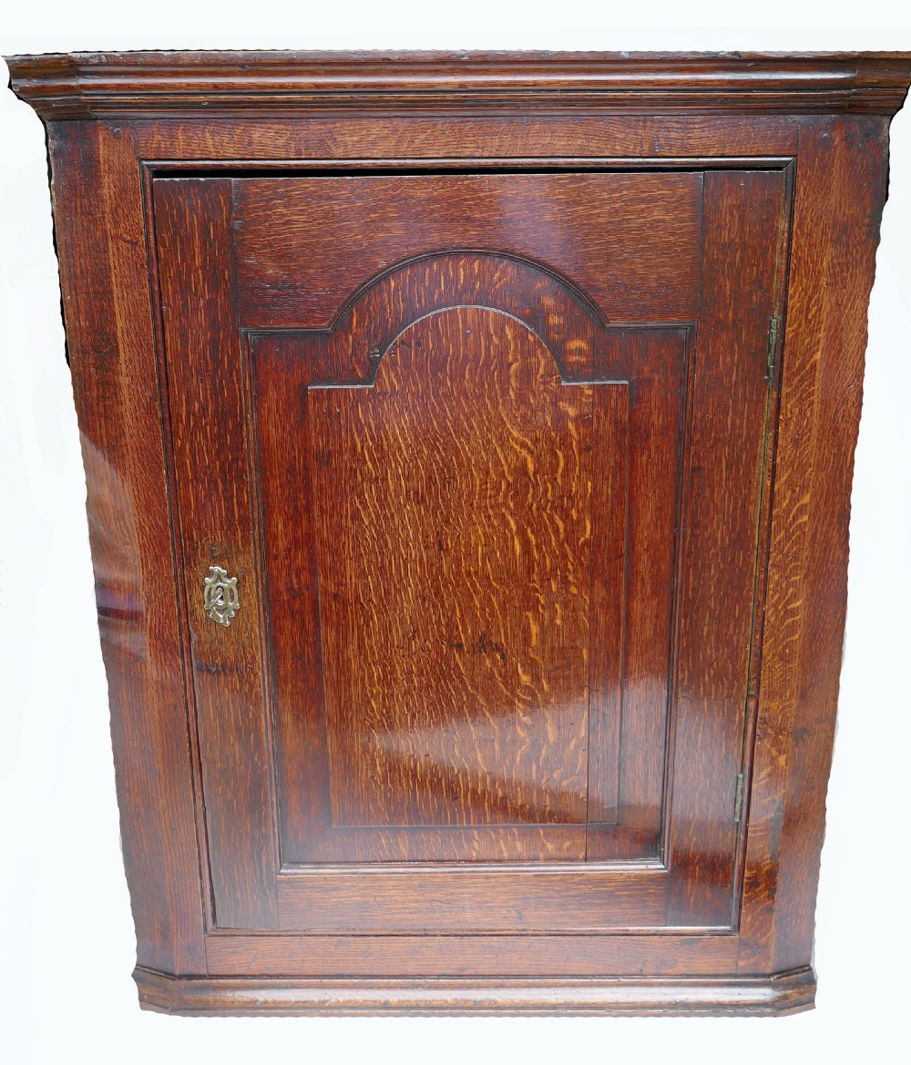 Antique Country Furniture 18thc Oak Corner Cupboard With Fielded Panel.  English C1770-80.