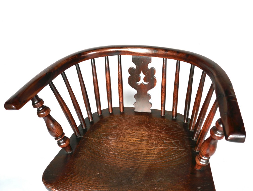 Antique Country Furniture 19thc Yew & Elm Windsor Low-Back Chair With Crinoline Stretcher.  Yorkshire C1840-60. View IV