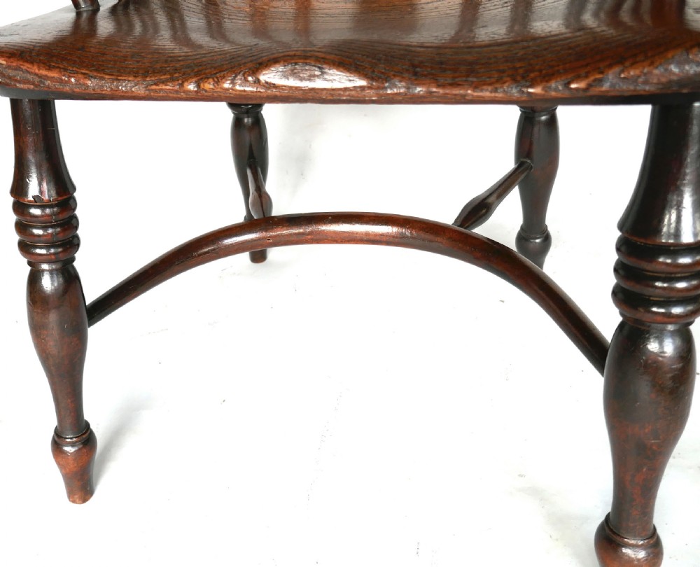 Antique Country Furniture 19thc Yew & Elm Windsor Low-Back Chair With Crinoline Stretcher.  Yorkshire C1840-60. View V
