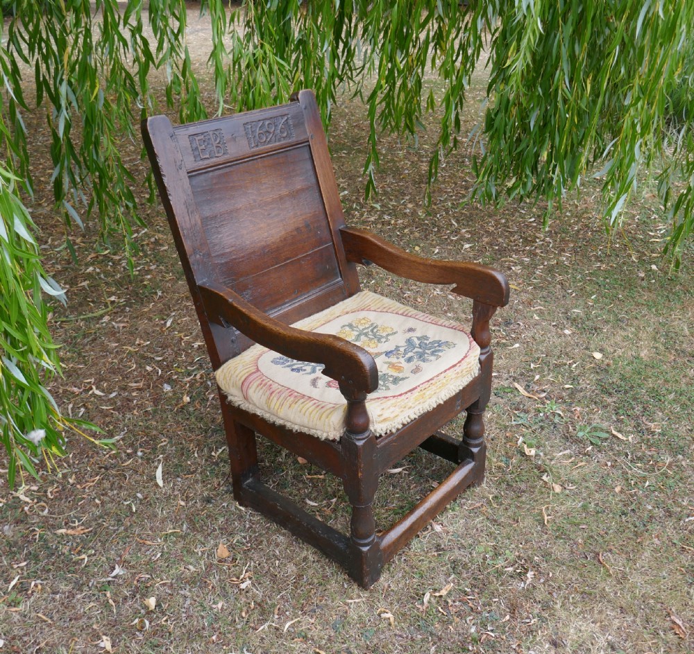 Antique Early English Furniture 17thc Wainscot Armchair Dated 1696 & Owners Initials E.B. View II