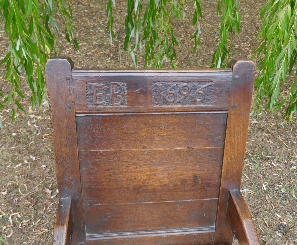 Antique Early English Furniture 17thc Wainscot Armchair Dated 1696 & Owners Initials E.B. View III