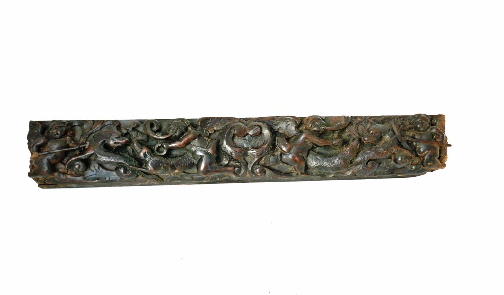 Antique Early Carving 17thc Oak Drawer Front Decorated With Hunting Putti And Hounds.  Flemish C1660-80 View II